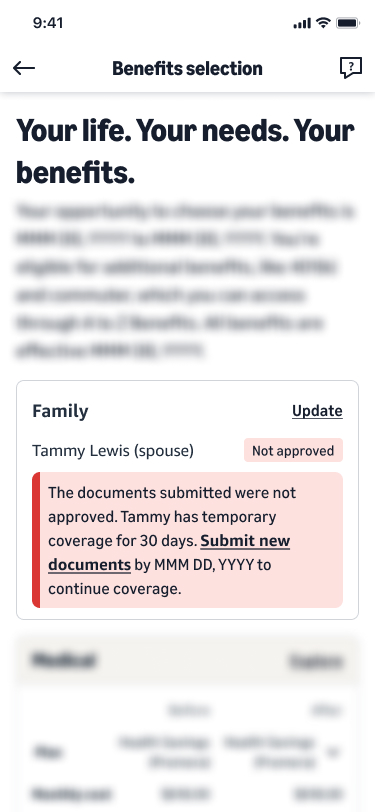 Benefits selection: the spouse's status reads Not approved, with a red note that the submitted documents were not approved but temporary coverage continues for 30 days while new documents are submitted